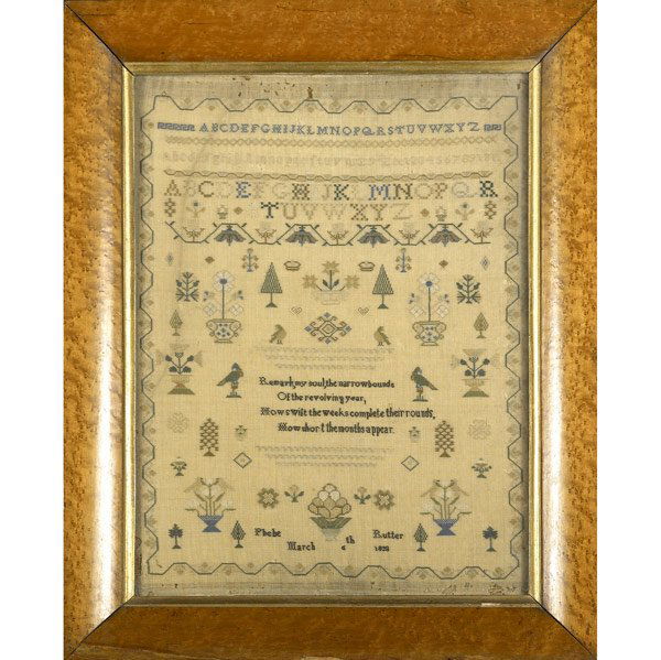 Needlework sampler in bird's eye maple frame: Needlework sampler in bird's eye maple frame. The work of Phebe Rutter, dated March 6, 1818. Some edge deterioration. 13'' x 12 1/2'' (sight)