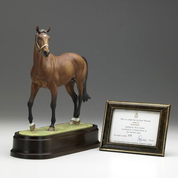 Royal Worcester 'Nijinsky': Royal Worcester porcelain figure of the famous race horse 'Nijinsky' on wood base, modeled by Doris Lindner. With original certificate numbered 276 of 500. 10 3/4''