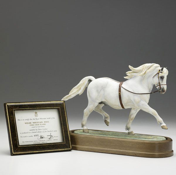 Royal Worcester 'Welsh Pony': Royal Worcester model of the Welsh mountain pony on wood base, modeled by Doris Lindner, ca. 1960. No. 482 of 500 copies. 8 3/8''