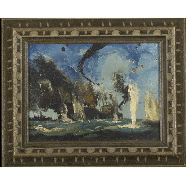 Dion Pears (British, 1929-1985): Dion Pears (British, 1929-1985) Five oils on panel depicting World War II battle scenes and one with sailing ships. All 4 1/2'' x 6''