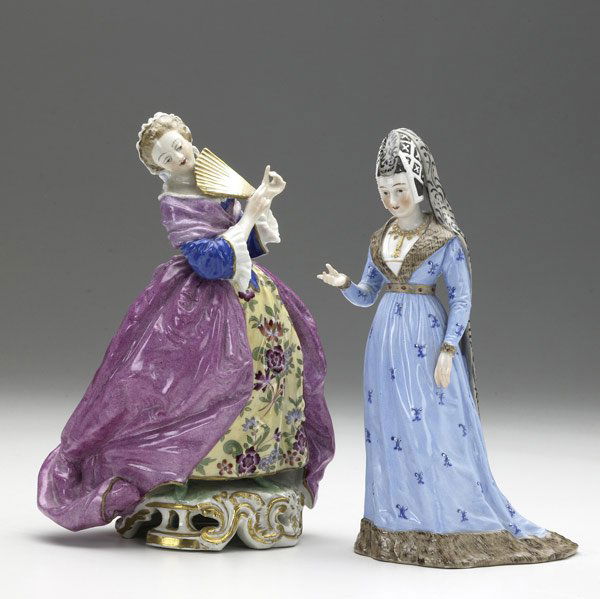 Two porcelain figurines: Two porcelain figurines, 19th/20th C. One marked Agnes Sorel, the other of a lady and a fan with crossed swords mark. Taller: 9''