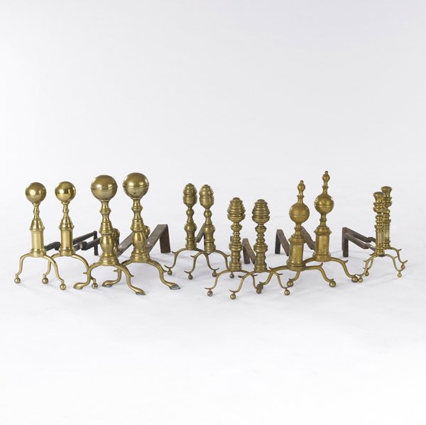 Six pairs of brass andirons: Six pairs of brass andirons, 18th/19th C. Largest: 16 3/4''