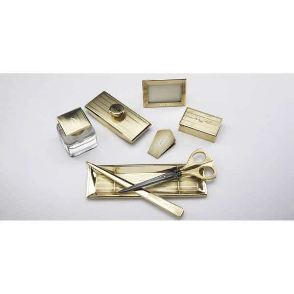 ART DECO GOLD DESK SET BY TIFFANY & CO.: ART DECO GOLD DESK SET BY TIFFANY & CO. Eight pieces in 14k yg. Engraved pinstripe. 7/8'' pen tray; 6 5/8'' letter slice; 4 1/4'' blotter; 2 3/8'' lidded crystal inkwell; 2 1/4'' stamp box; 2 1/8'' cl
