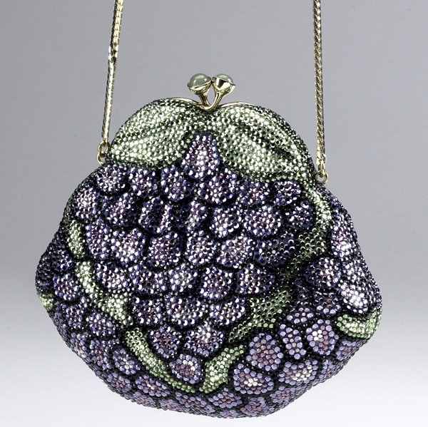 JUDITH LEIBER GRAPE CLUSTER MINAUDIERE : JUDITH LEIBER GRAPE CLUSTER MINAUDIERE Textured box realistically rendered with green hardstones at clasp, ca. 1986. Gold leather interior, original purse, comb and mirror, gilt metal strap. 5 1/2'' x