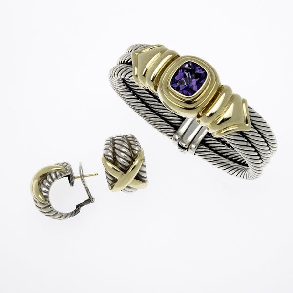 DAVID YURMAN SILVER AND GOLD ''CABLE'' JEWELRY : DAVID YURMAN SILVER AND GOLD ''CABLE'' JEWELRY Sterling and 14k yg three-row bracelet with cushion-shaped faceted amethyst, together with ''crossed cable'' earrings. 109 gs. GW.