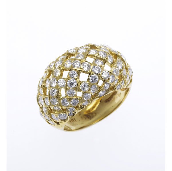 TIFFANY & CO. WOVEN DIAMOND RING : TIFFANY & CO. WOVEN DIAMOND RING 18k yg tapered bombe trellis with fine brilliant cut diamonds, 1.75 cts. TW. 10.7 gs. GW. Size 8.