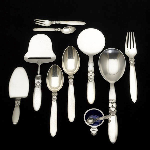 GEORG JENSEN DANISH SILVER 'CACTUS' FLATWARE: GEORG JENSEN DANISH SILVER 'CACTUS' FLATWARE Designed by Gundorph Albertus, ca. 1930. Fifty-nine piece partial dinner service includes (12) 4 1/4'' demi-tasse spoons; (12) 6 3/4'' oval soup spoons; (1