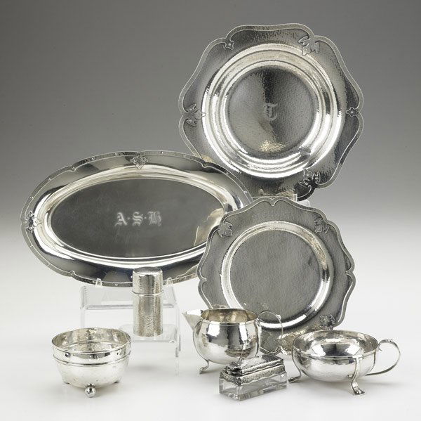 AMERICAN AND ENGLISH SPOT HAMMERED SILVER: AMERICAN AND ENGLISH SPOT HAMMERED SILVER Eight pieces. Unusual locking case by Tiffany & Co., 1881, silver and glass with humidifier on lid interior; Shreve & Co. spot hammered and strap edged 9 1/4'