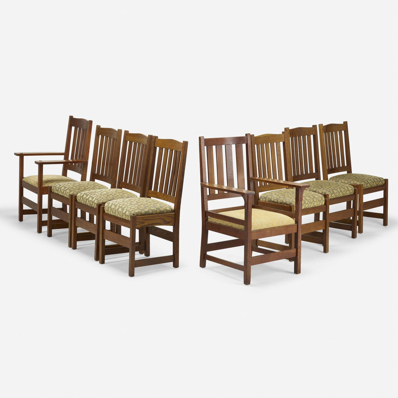 Gustav Stickley and L. & J.G. Stickley, Dining chairs: Gustav Stickley and L. & J.G. Stickley Dining chairs, assembled set of eight USA, 1906-16oak, upholstery38.75 h × 26 w × 20.25 d in (98 × 66 × 51 cm) Set is comprised of t