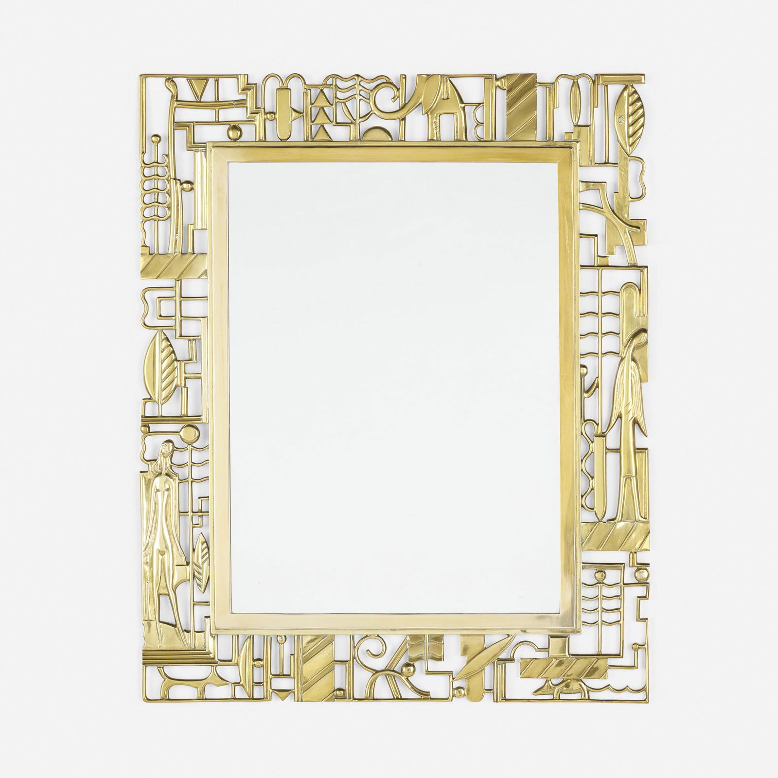 Karl Hagenauer, Art Deco wall-hanging mirror: Karl Hagenauer Art Deco wall-hanging mirror Hagenauer WerkstatteAustria, c. 1925 / c. 1970brass, mirrored glass23.5 h × 19 w × .5 d in (60 × 48 × 1 cm) Prove