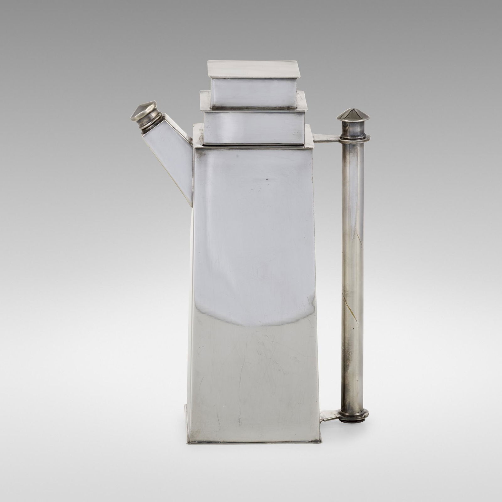 Louis W. Rice, Rare Skyscraper cocktail pitcher: Louis W. Rice Rare Skyscraper cocktail pitcher Bernard Rice's SonsUSA, c. 1928electroplated nickel silver11.25 h × 7 w × 4 d in (29 × 18 × 10 cm) Impressed manufactu