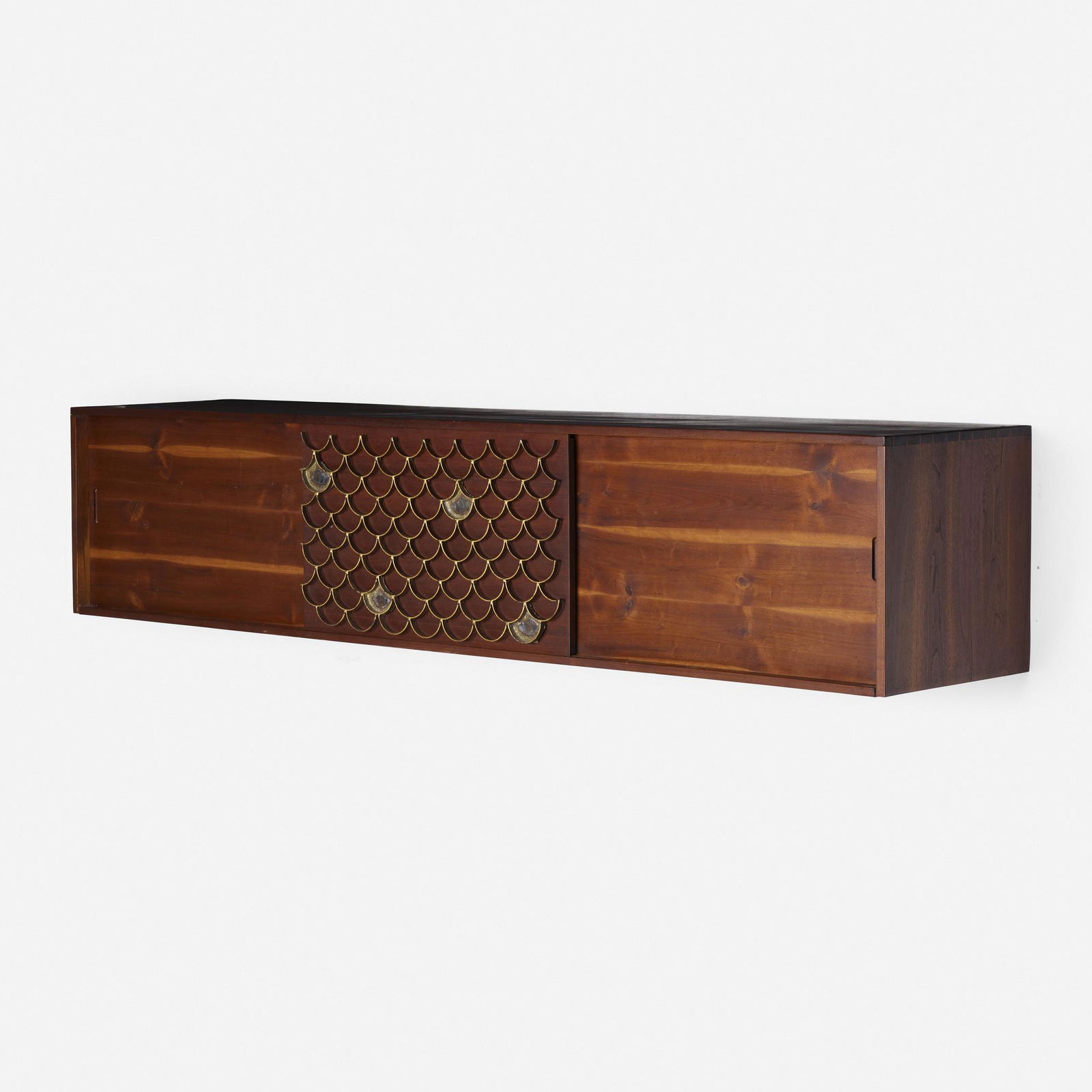 Paul Evans and Phillip Powell, Wall-hanging cabinet: Paul Evans and Phillip Lloyd Powell Wall-hanging cabinet USA, c. 1958walnut, welded and gilt steel, enameled wood20 h × 95.5 w × 19.75 d in (51 × 243 × 50 cm) Cabinet feat