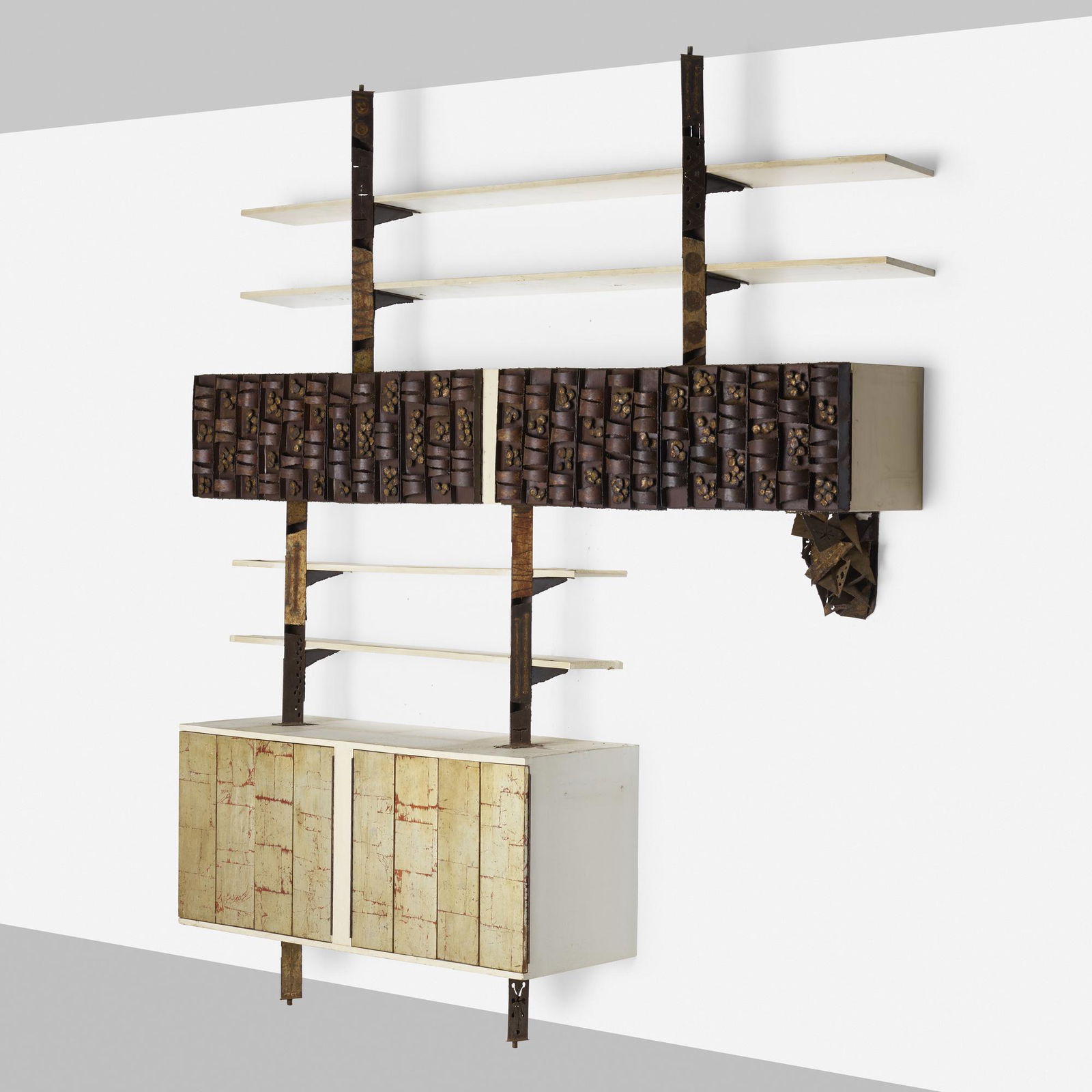 Paul Evans and Phillip Powell, Custom storage unit: Paul Evans and Phillip Lloyd Powell Custom storage unit USA, c. 1960torch-cut, welded, enameled, and gilt steel, lacquered and enameled wood, gold leaf111 h × 93 w × 20 d in (282 × 2