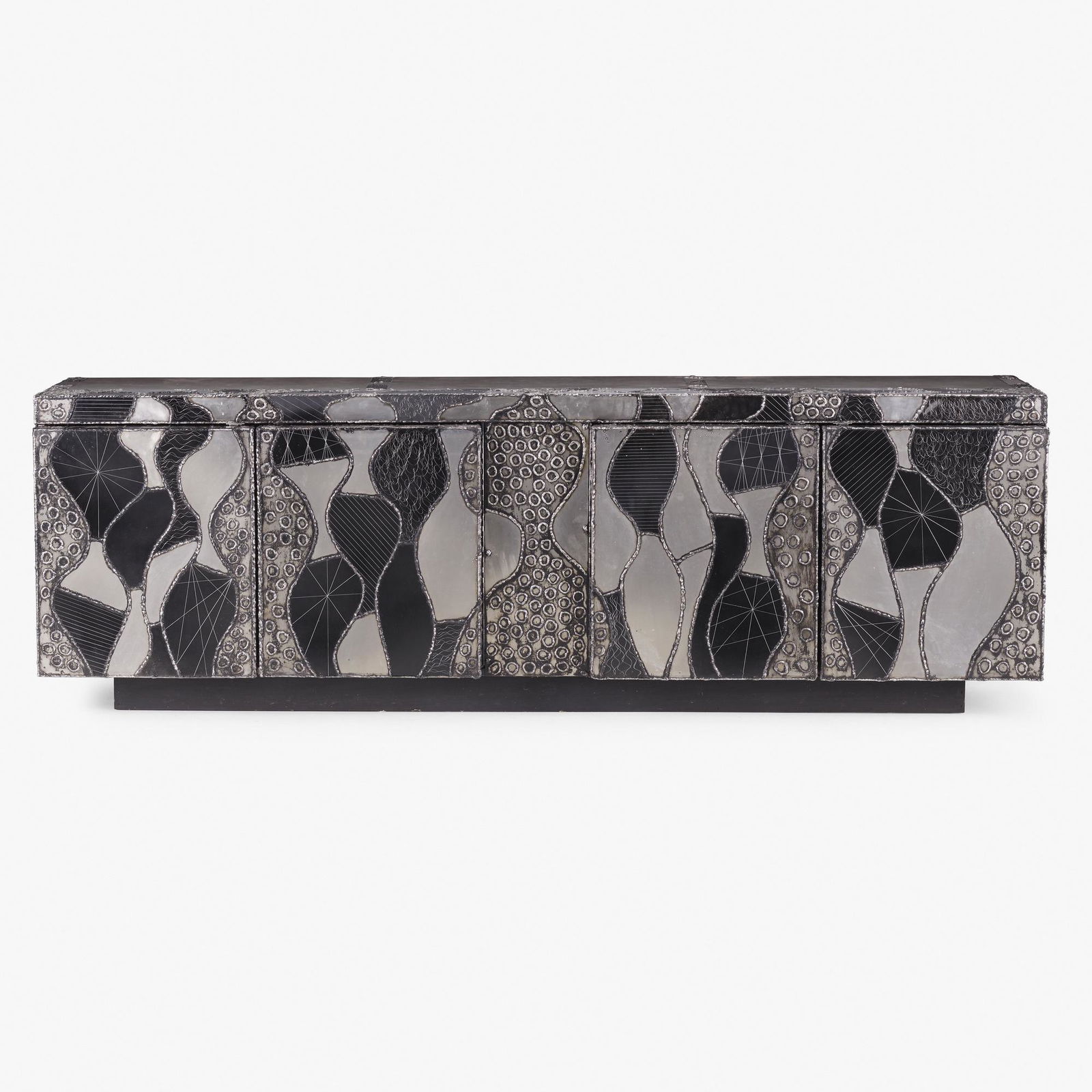 Paul Evans, Exceptional Argente cabinet, model PE 42A: Paul Evans Exceptional Argente cabinet, model PE 42A Paul Evans StudioUSA, c. 1970welded and patinated aluminum, slate, enameled wood, welded steel31.5 h × 96.5 w × 22.5 d in (80 &time
