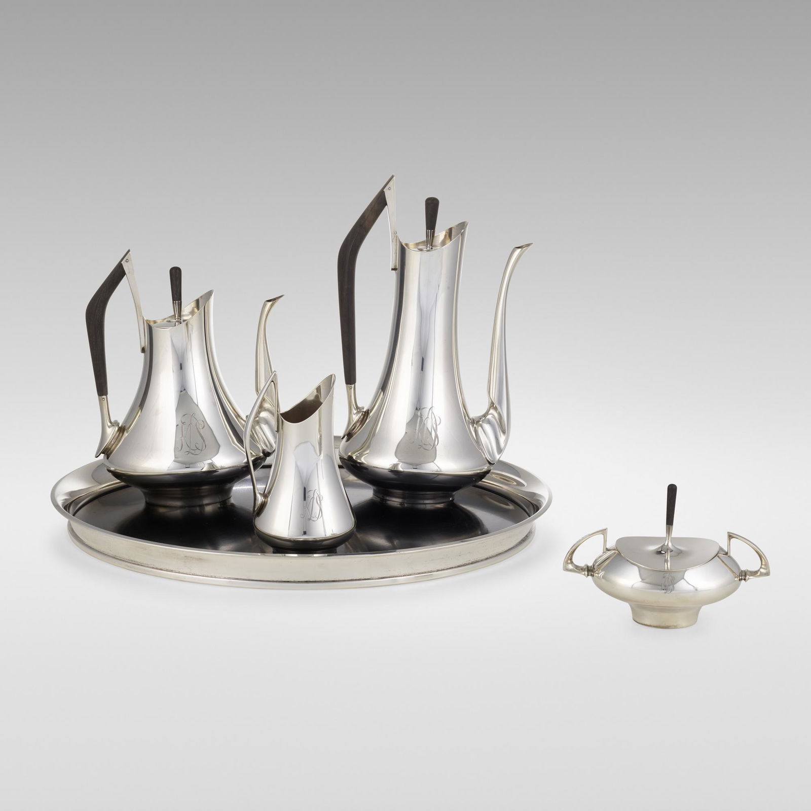 Donald Colflesh, Four-piece Circa 70 service: Donald Colflesh Four-piece Circa 70 coffee and tea service GorhamUSA, 1958sterling silver, ebony, laminate12 h × 7.25 w × 5.5 d in (30 × 18 × 14 cm) Tray measures: 1