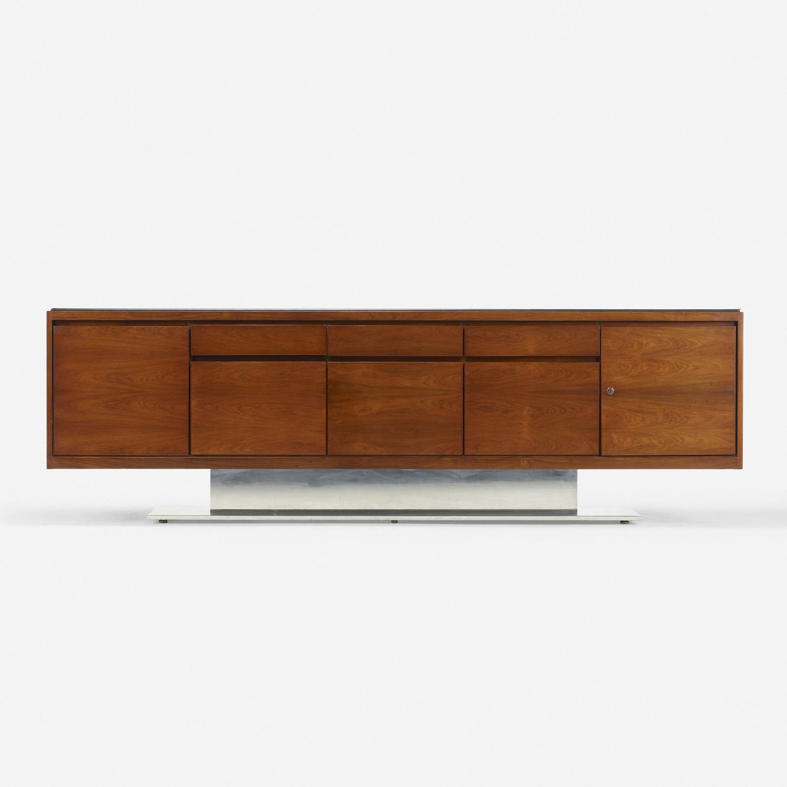 Warren Platner, Cabinet: Warren Platner Cabinet Lehigh LeopoldUSA, c. 1970walnut, polished aluminum, leather28.5 h × 92 w × 22 d in (72 × 234 × 56 cm) Cabinet features six drawers and two do