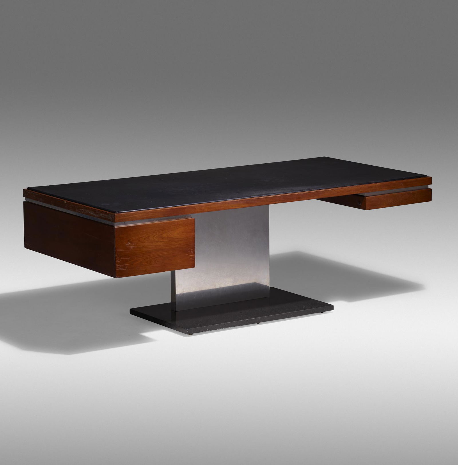 Warren Platner, Executive desk: Warren Platner Executive desk Lehigh LeopoldUSA, c. 1965polished aluminum, walnut, leather, granite30.75 h × 84 w × 40 d in (78 × 213 × 102 cm) Desk features two dra
