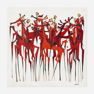 Joseph Trippetti, Red Riders: Joseph Trippetti Red Riders cloisonne enamel, silver wires, steel16 h × 16 w in (41 × 41 cm) Signed to lower right 'Trippetti'. Signed and titled to verso 'Red Riders Silver Cloisonne Enamel by Joe