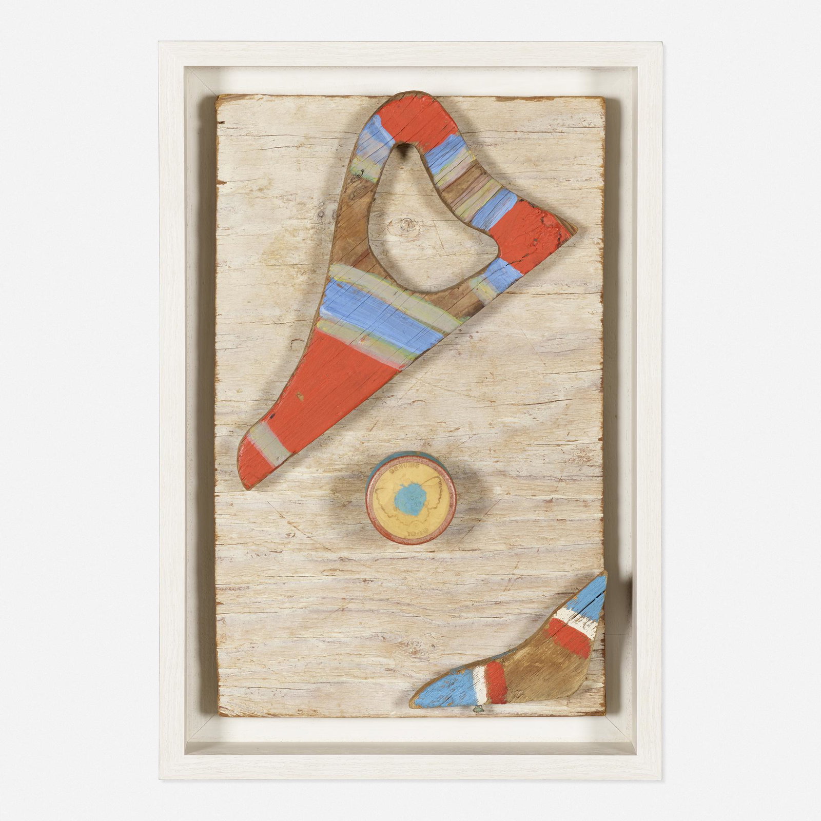 Betty Parsons, And the Music Goes Round: Betty Parsons And the Music Goes Round acrylic on wood with Duncan Magic Butterfly Yo-Yo collage 15.75 h × 9.75 w × 2 d in (40 × 25 × 5 cm) Titled to verso 'Music Goes Round'.
