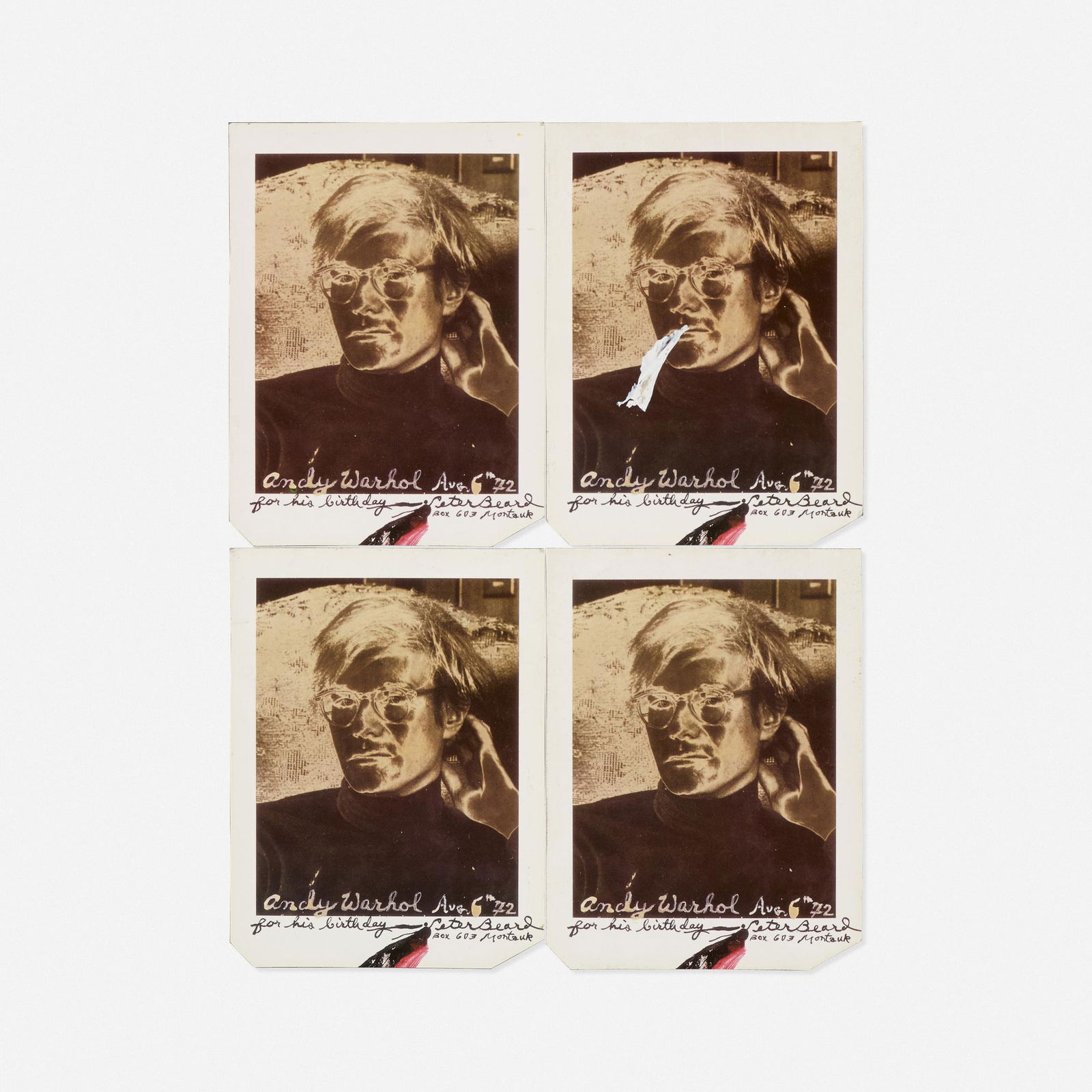 Peter Beard, Andy Warhol (For His Birthday Aug. 6th 72): Peter Beard Andy Warhol (For His Birthday Aug. 6th 72) 1972four glossy polaroid-cut prints on rubber, one unique work embellished with acrylic11.25 h × 8.375 w in (29 × 21 cm) Each po
