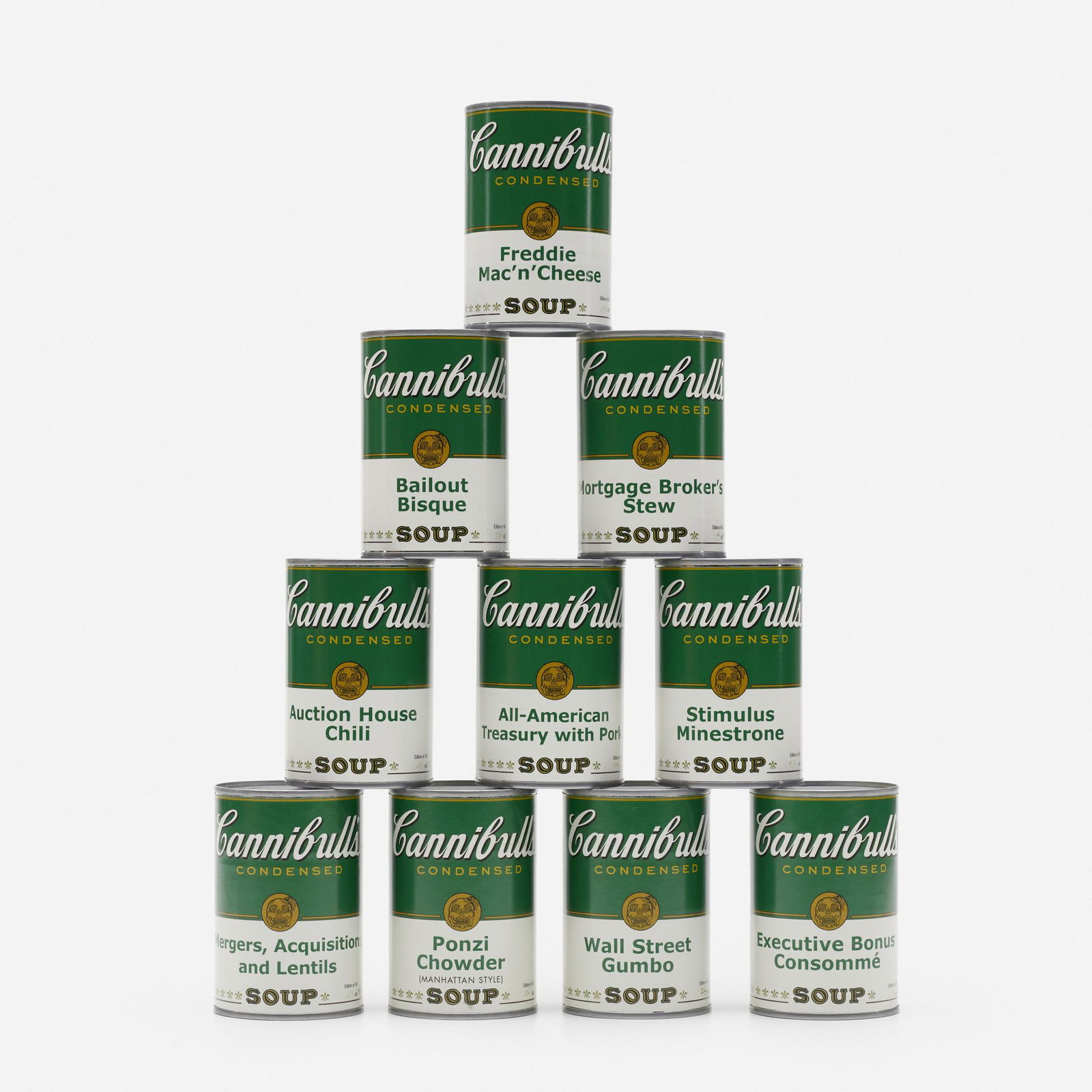 Enrique Chagoya, Pyramid Scheme: Enrique Chagoya Pyramid Scheme 2009aluminum cans with archival pigment print labels4.75 h × 16 w × 6.25 d in (12 × 41 × 16 cm) Single can measures: 2.5 dia x 4 h inches