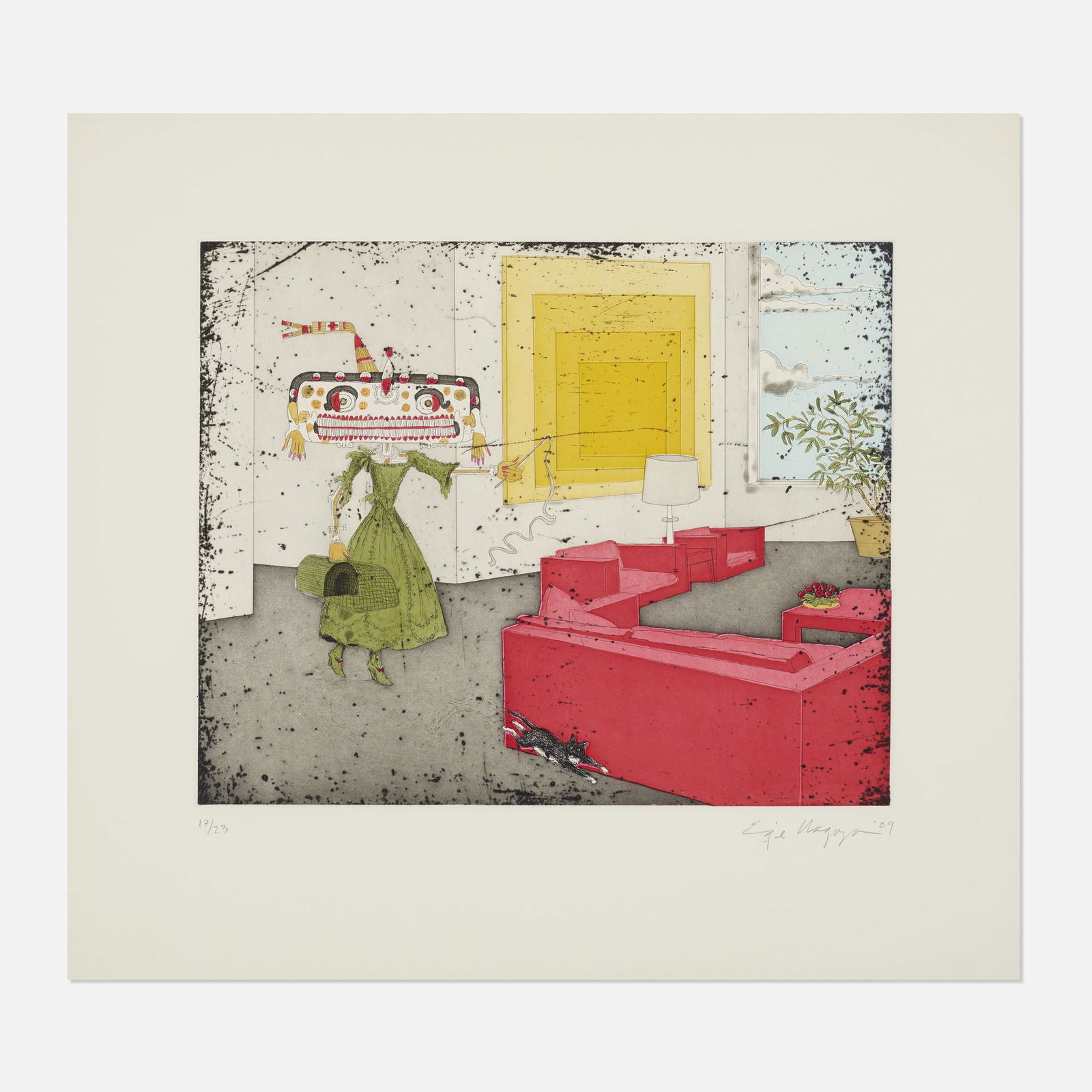 Enrique Chagoya, Homage to the Un-Square: Enrique Chagoya Homage to the Un-Square and My Cat Frida 2009etching with aquatint and drypoint in colors with hand-coloring20 h × 22 w in (51 × 56 cm) Image measures: 12.75 h x 15.75