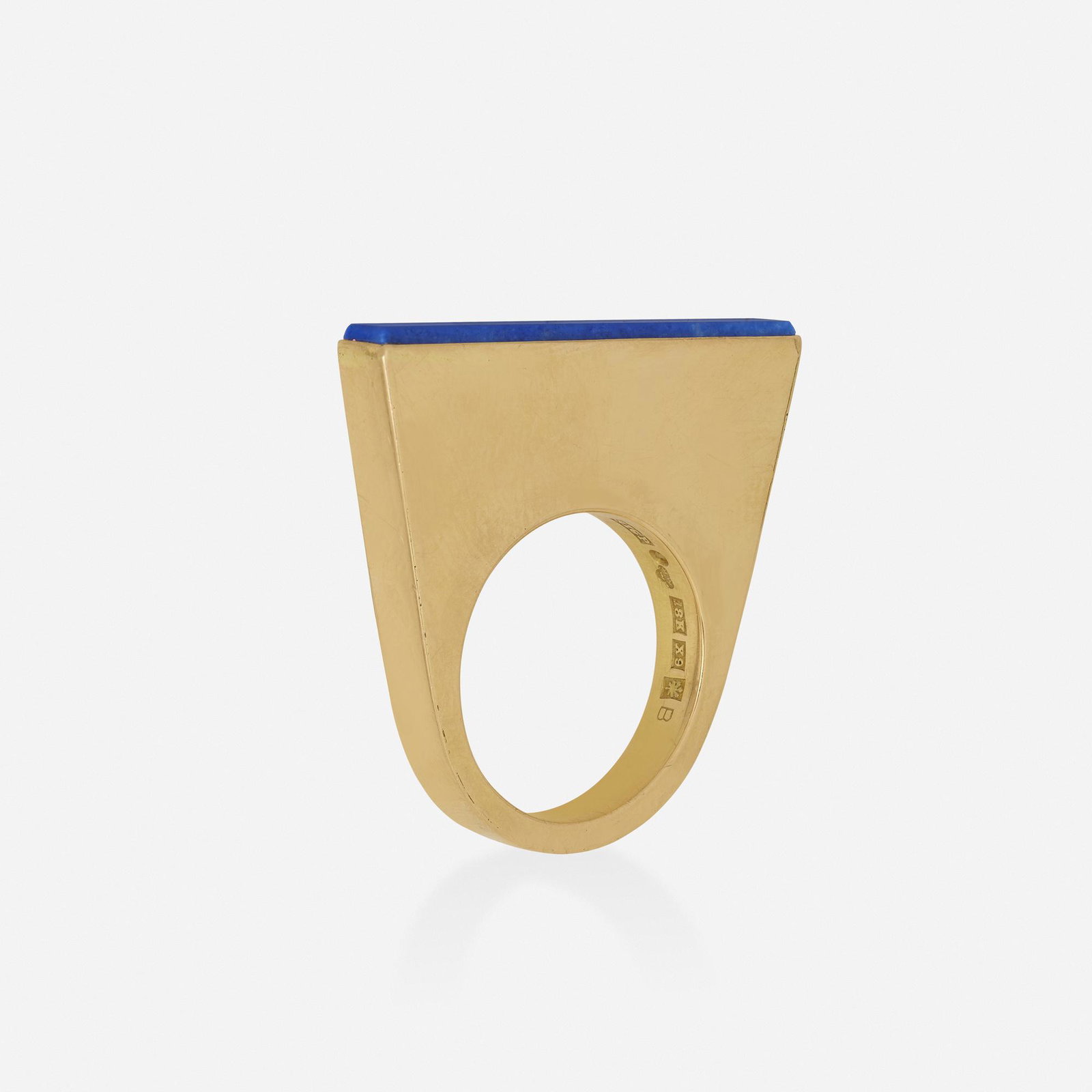 Sigurd Persson, Modernist lapis lazuli and gold ring: Sigurd Persson Modernist lapis lazuli and gold ring The structural gold ring of tapered outline, set with a thin rectangular lapis lazuli, c. 1972 18k yellow gold With maker's mark for Sigurd Persson
