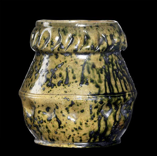 GEORGE OHR Dimpled vase: GEORGE OHR Dimpled vase in speckled gunmetal, amber and green glaze Restoration around half of rim G.E. OHR Biloxi, Miss 4 1/2'' x 4''