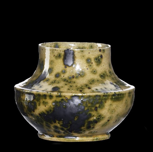 GEORGE OHR Squat vessel: GEORGE OHR Squat vessel, sponged-on green glaze on amber ground Stamped G.E. OHR BILOXI 3'' x 4''