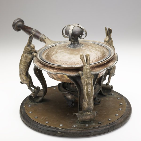 JOSEPH HEINRICHS Mixed metals chafing dish: JOSEPH HEINRICHS BLACK, STARR & FROST Copper, brass, silver and oak chafing dish with three-hinged burner and pan with liner and lid Inscribed, ''Handicap Billiard Tournament Union League Club, Jan. 1