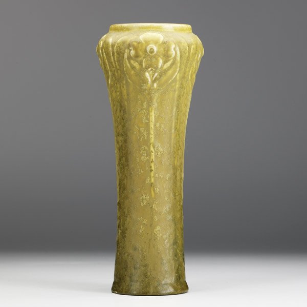 VAN BRIGGLE Vase, 1908-11: VAN BRIGGLE Vase with quatrefoils, fine frothy amber, teal and light green glaze, 1908-11 Several grinding chips to base, largest 1 3/4'' AA Van Briggle COLO SPGS and illegible number 11 1/4'' x 4 1/2