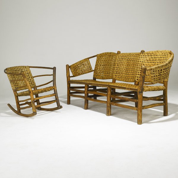OLD HICKORY Settee, rocker and two armchairs: OLD HICKORY Settee, rocker and two armchairs Rocker and one armchair with branded mark Settee: 35'' x 84'' x 27''