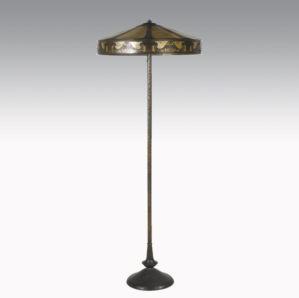 DIRK VAN ERP Floor lamp: DIRK VAN ERP Hammered copper floor lamp with pierced copper and mica shade Base stamped with windmill and open box 64'' x 24 1/4'' dia.