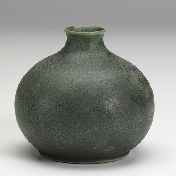 TECO Spherical matte green vase: TECO Spherical matte green vase Paper label over TECO stamp 4 1/4'' x 4 1/2''