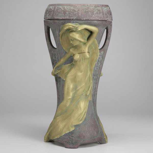 ERNST WAHLISS Amphora ceramic vase: ERNST WAHLISS Amphora ceramic vase with liner, two ladies and bats See cond. rept. Blue depose stamp, MADE IN AUSTRIA 4858 22 16'' x 8''