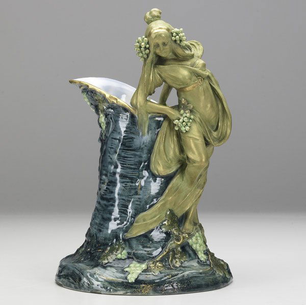 ERNST WAHLISS Amphora porcelain pitcher: ERNST WAHLISS Amphora porcelain pitcher with bacchante See cond. rept. Red TURN VIENNA stamp, MADE IN AUSTRIA 11'' x 7''