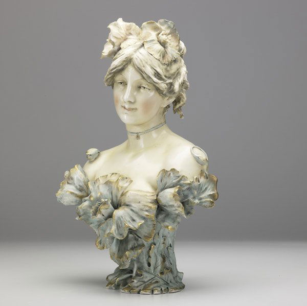 RIESSNER, STELLMACHER & KESSEL Amphora bust: RIESSNER, STELLMACHER & KESSEL Amphora porcelain bust of a lady with poppies See cond. rept. Red R St. K, AMPHORA 1196 16'' x 10 1/2''