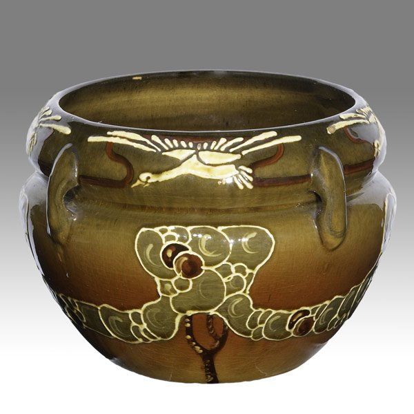 ROSEVILLE Rhead Faience jardiniere: ROSEVILLE Rhead Faience jardiniere with geese and trees Several minor glaze flakes Unmarked 5 1/2'' x 8''