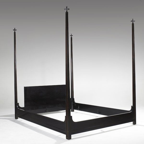 TOMMI PARZINGER Four-poster queen-size bed: TOMMI PARZINGER Four-poster lacquered mahogany queen-size bed with decorative finials Unmarked 81 3/4'' x 65'' x 85 1/2''