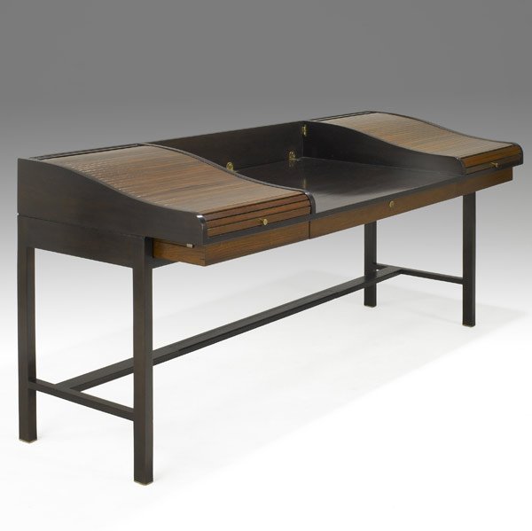 EDWARD WORMLEY / DUNBAR Desk: EDWARD WORMLEY DUNBAR Mahogany and rosewood desk with tambour doors, c. 1960s Unmarked 35'' x 74 3/4'' x 28 1/4''