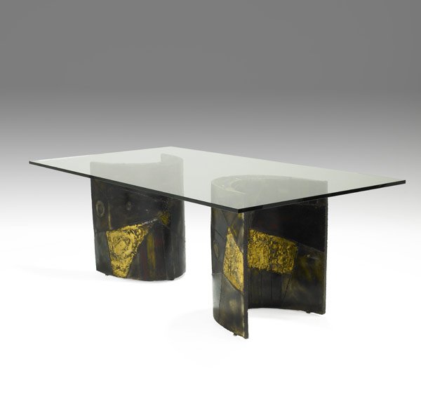 PAUL EVANS Dining table: PAUL EVANS Dining table with plate glass top over two crescent-shaped patinated and welded steel bases Unmarked 30'' x 84'' x 44''