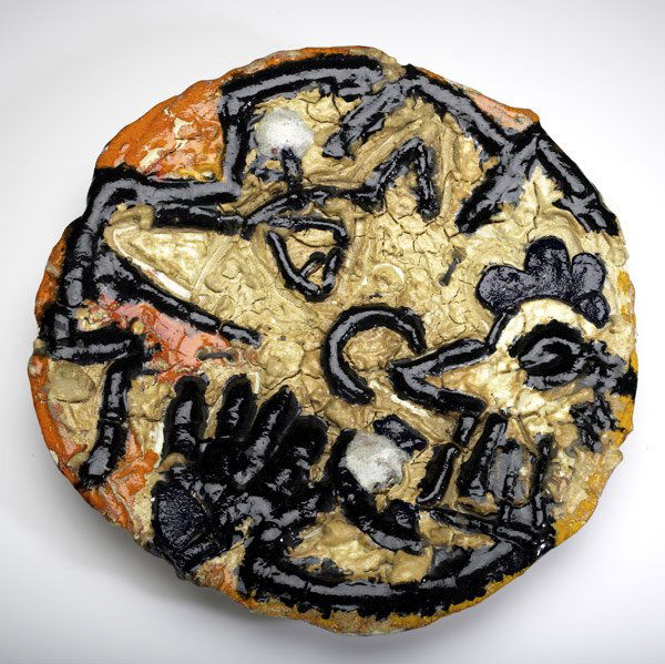 VIOLA FREY Hand-built ceramic charger: VIOLA FREY Hand-built ceramic charger with applied decoration, including a hand and a rooster Provenance: Acquired from the artist 21 1/2'' dia.
