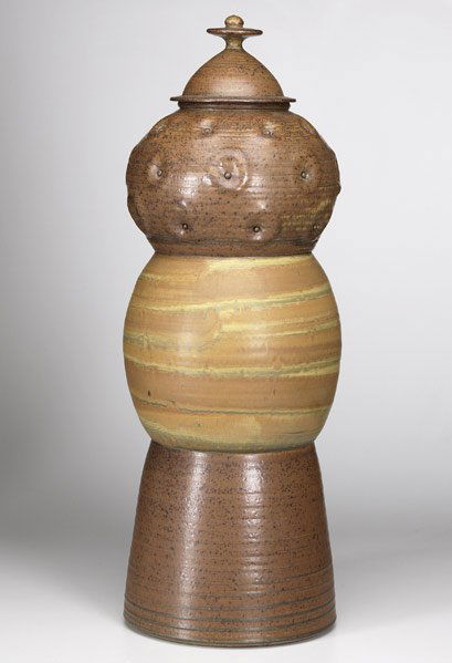 VAL CUSHING Totemic stoneware floor jar: VAL CUSHING Totemic three-part stoneware covered floor jar Signed and dated 1985 32'' x 11''
