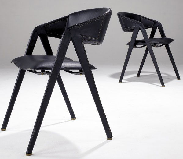 JACQUES ADNET Pair of armchairs: JACQUES ADNET Pair of stitched black leather armchairs on compass-shaped frames 30'' x 19'' x 18 1/2''