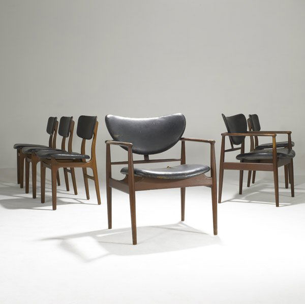 FINN JUHL / NIELS VODDER Six dining chairs: FINN JUHL NIELS VODDER Six teak dining chairs with black leather Armchairs branded Niels Vodder Copenhagen Denmark, Design Finn Juhl Armchairs: 32'' x 27'' x 23''