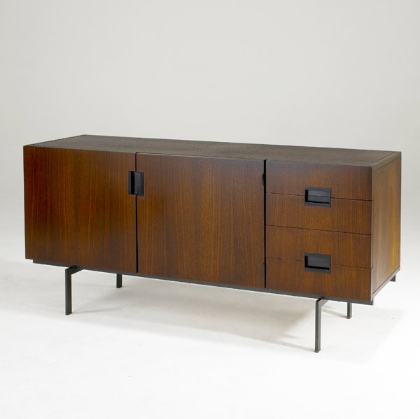 CEES BRAAKMAN / PASTOE Credenza: CEES BRAAKMAN PASTOE Credenza of teak and enameled steel Aluminum Pastoe label 28 1/2'' x 59'' x 17 1/2''