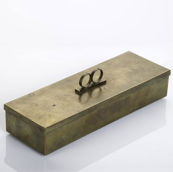 HAYNO FOCKEN Brass lidded box: HAYNO FOCKEN Brass lidded box, c. 1930s Stamped MADE IN GERMANY, artist's cipher, 928 3'' x 11'' x 3 1/2''