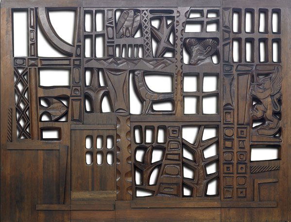 EDGAR BRITTON Architectural Carving: EDGAR BRITTON Room-sized walnut architectural carving of animals and trees Signed 12'2'' x 16'