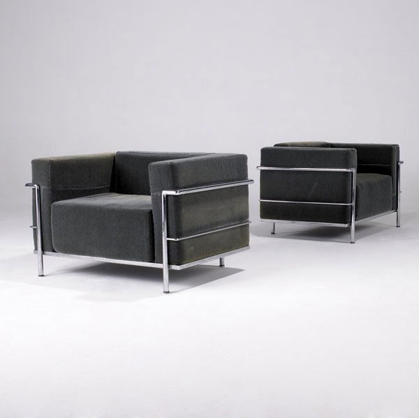 LE CORBUSIER / CASSINA Pair of chrome chairs: LE CORBUSIER CASSINA Pair of LC Grand Confort chrome chairs, blue-green mohair Cassina and Atelier International paper labels 25'' x 38 3/4'' x 27''