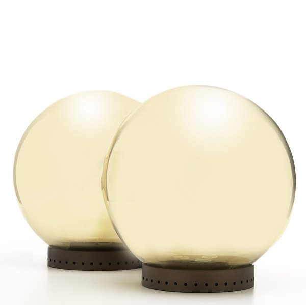 ROBERT SONNEMAN Pair of table lamps: ROBERT SONNEMAN Pair of table lamps with gold mirrored glass spherical shades on copper patinated bases One hangtag 16'' x 14''
